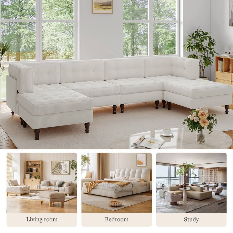 130"W Corduroy Upholstered Modular Sectional Sofa with Storage Ottoman