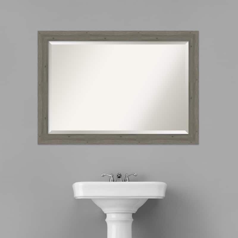 Beveled Wood Bathroom Wall Mirror - Fencepost Grey Narrow Frame