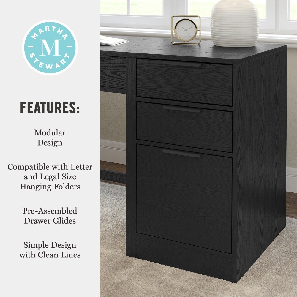 Martha Stewart Kayden Home Office Modular Single-Drawer Desk With 3 Drawer File Cabinet In Black With Oil Rubbed Bronze Hardware
