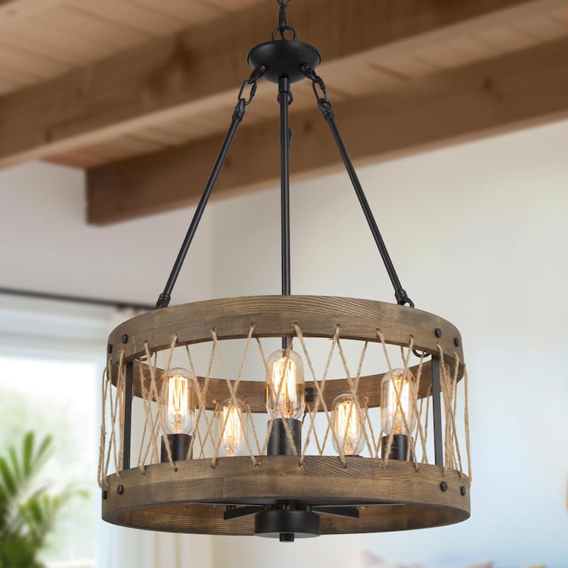Farmhouse 5-Light Wood Drum Rustic Chandelier for Dining Room Bedroom