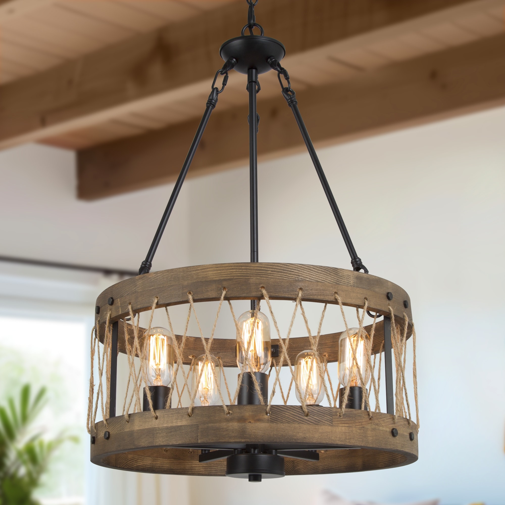 Farmhouse 5-Light Wood Drum Rustic Chandelier for Dining Room Bedroom