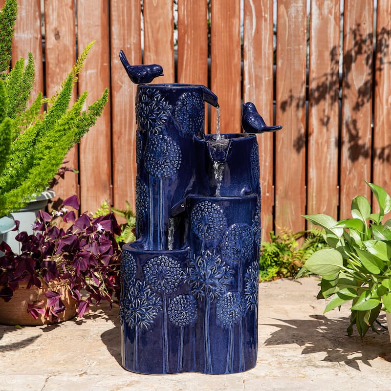 Glitzhome 27" H 4-Tier LED Ceramic Outdoor Floor Fountain with Birds, Cobalt Blue Turquoise Dandelion Texture Vase-Shaped