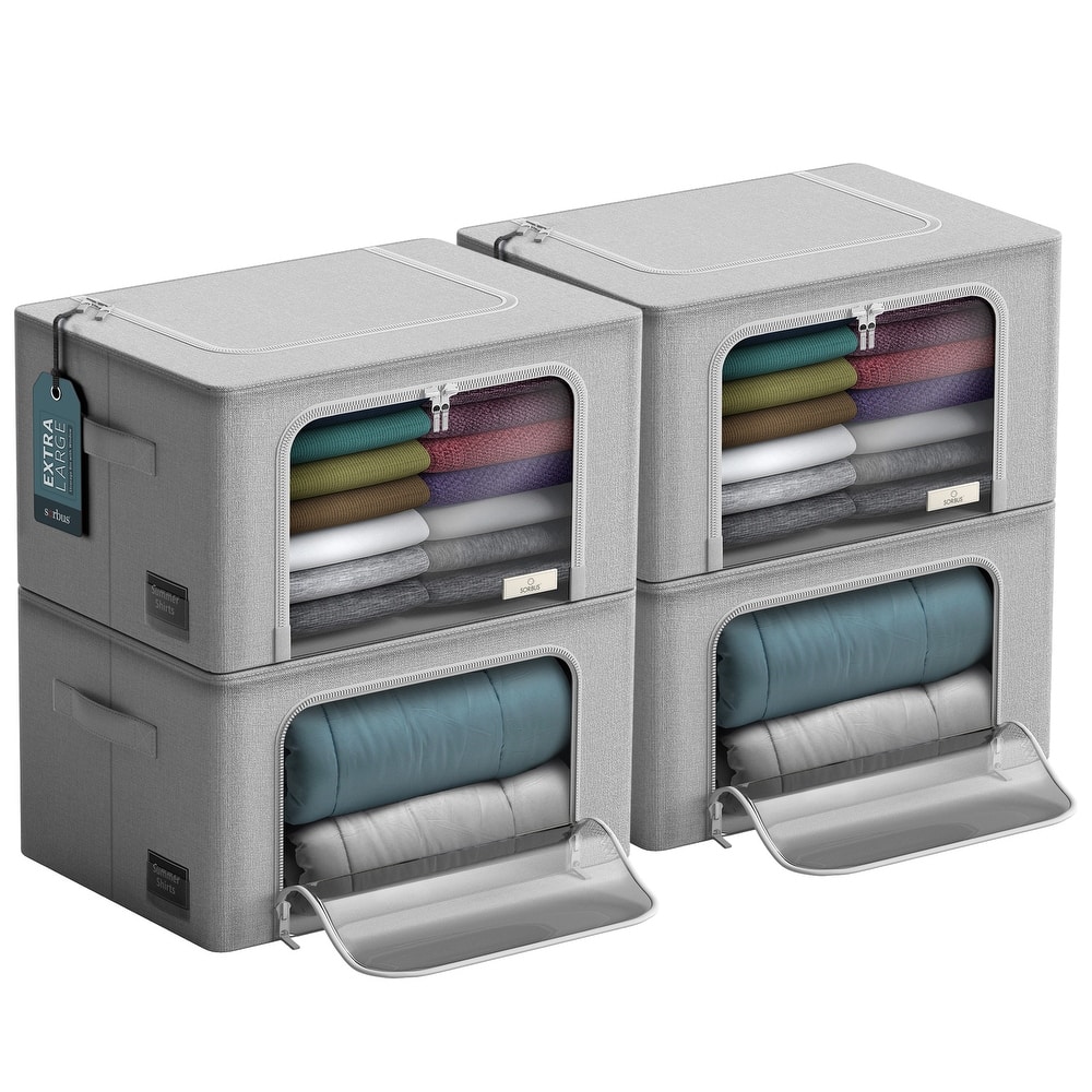 Sorbus Jumbo Storage Bins with Metal Frame Stackable Foldable Clothes Organizer Bags Oxford Fabric & Clear Window & Handles- 4Pk