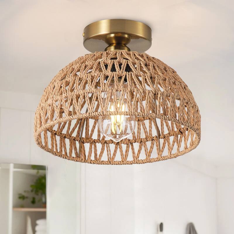 Handmade Woven Paper Rope Dome Boho Semi Flush Mount Ceiling Light