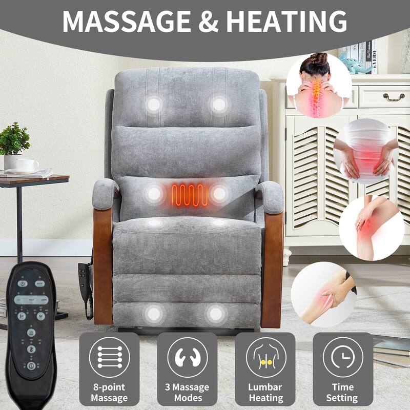 Dual Motor Power Lift Recliner Chair with Massage Heat and Wood Armrests