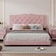 preview thumbnail 1 of 40, Queen Size Velvet Platform Bed with Tufted Headboard and Rivet Design Pink - Queen