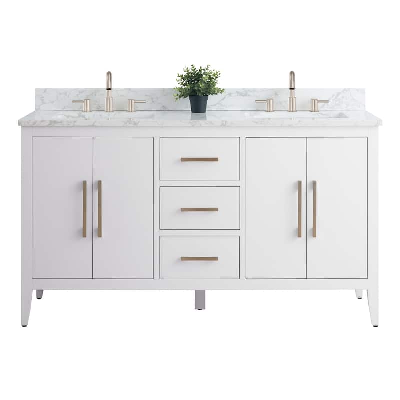 Vanity Art 60" Double Sink Bathroom Vanity Cabinet with Engineered Marble Top