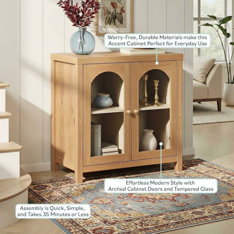 Walker Edison Modern Arched Glass Accent Cabinet with Brass Hardware