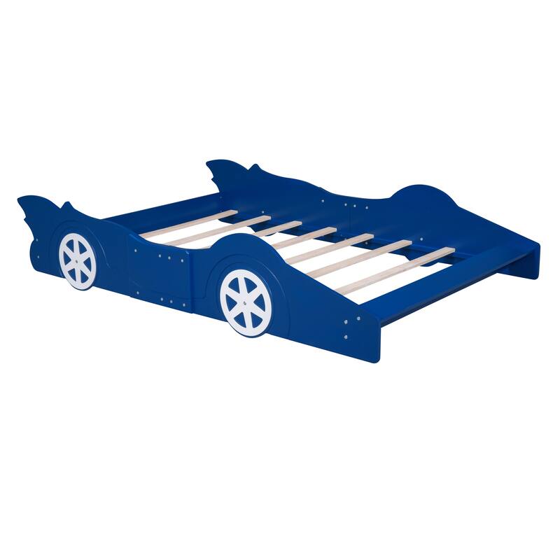 Full Size Race Car-Shaped Platform Bed with Wheels Wooden Platform Bed Frame with Support Slats, Twin Floor Bed