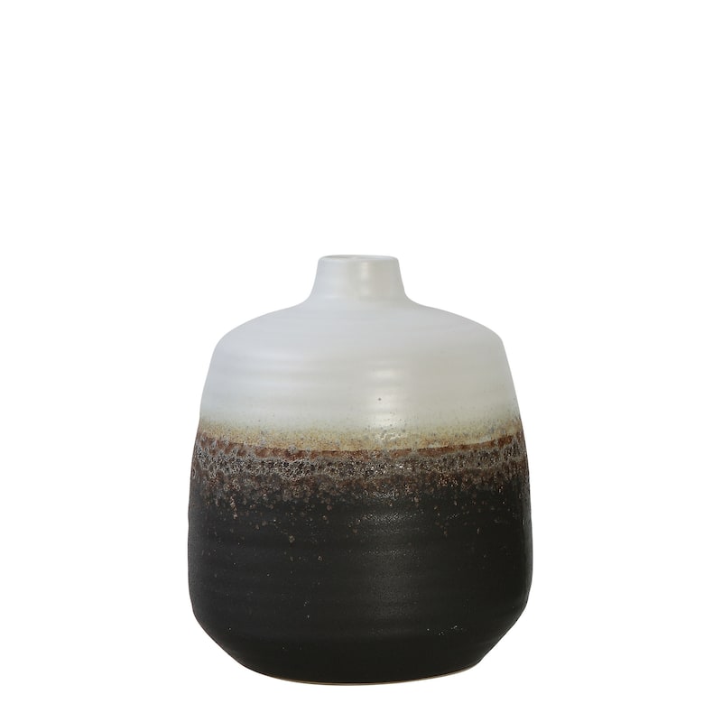 Black & White Ceramic Vase with Brown Reactive Glaze Accent