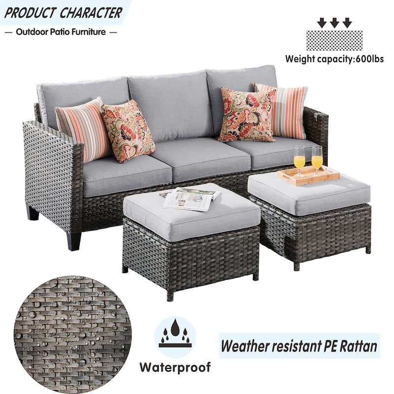 OVIOS 3-piece Outdoor Wicker Conversation Ottoman Set