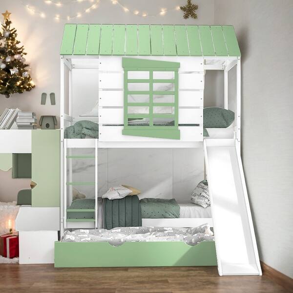 slide 2 of 15, Twin Over Twin Bunk Bed With Convertible Slide And Trundle for Bedroom Green+White