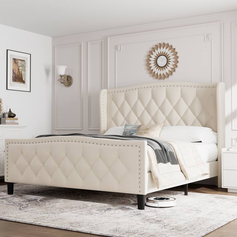 Modern Upholstered Velvet Bed with Wingback Headboard - Off White - Full