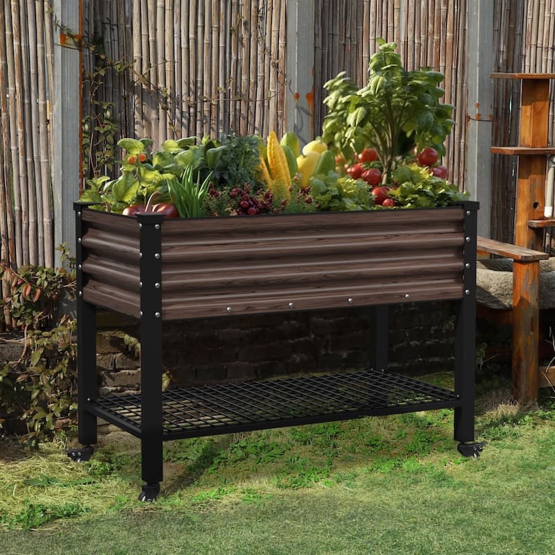 VEIKOUS 7.8 Cu.ft Galvanized Steel Raised Garden Bed, Large Outdoor Planter Box with Drainage Holes, Wheels - Rustic Brown