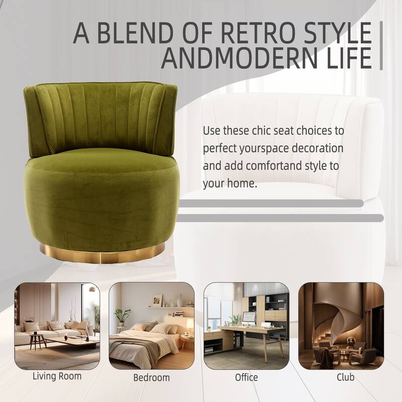 Swivel Barrel Chair, Comfy Velvet Upholstered Accent Sofa Chair, Leisure Club Chair with Shell-Shaped Back & Angled Armrests