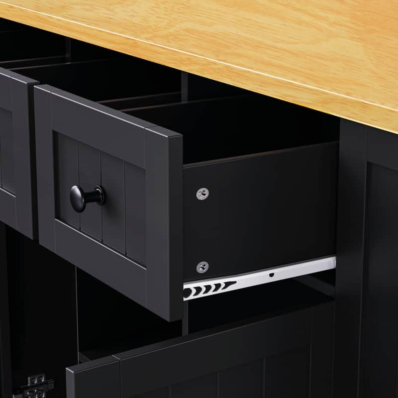 53" Rolling Kitchen Island with Drop Leaf, Power Outlet & Internal Door Storage, 5 Open Side Racks