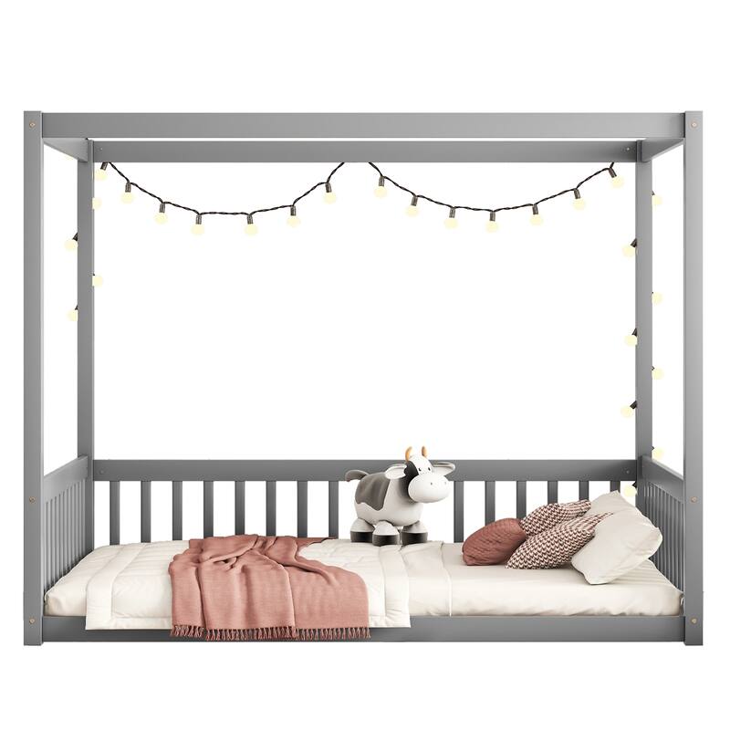 Pine Wood Canopy Frame Floor Bed with Fence and Guardrails for Bedroom
