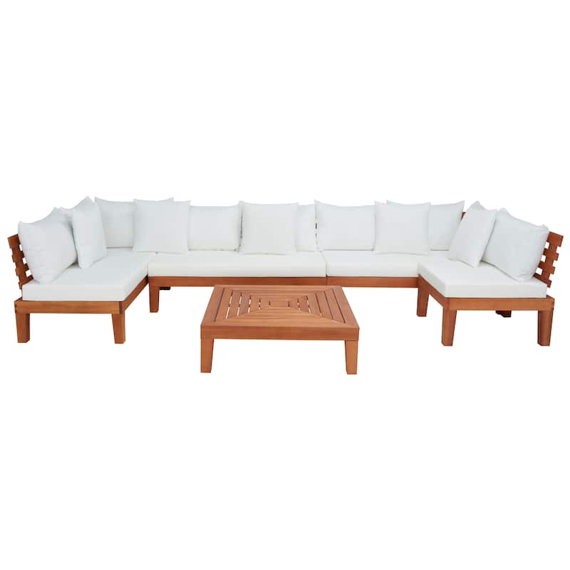 SAFAVIEH Egea 5-Piece Outdoor Solid Wood Sectional Conversation Set - 55W x 27D x 29H - Natural/Beige