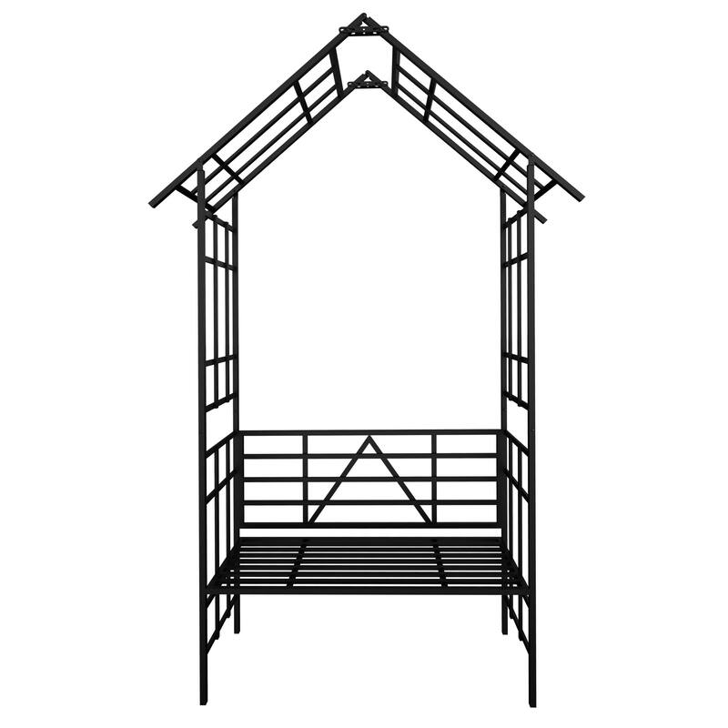 Anmytek Black Metal Garden Arch with Bench and Flower Stand for Climbing Plants Rose Arbor
