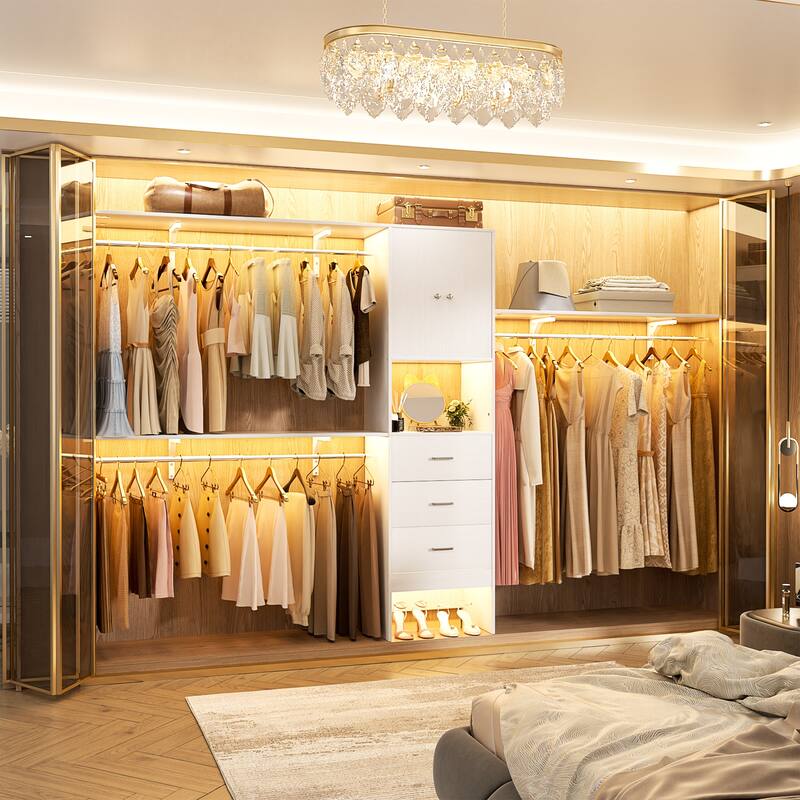 Rackcog 20.3'' - 120'' Large Closet Organizer with Doors, Closet System with Drawers and Hanging Rods (can be cut to fit)