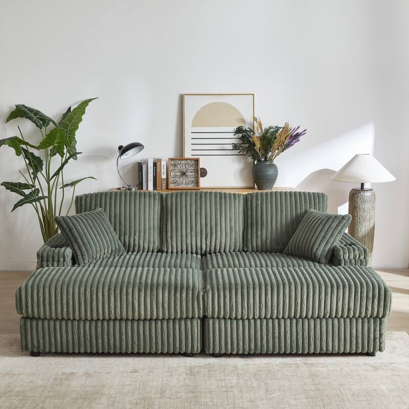 Deep Seat Sectional Loveseat Set with 2 Ottoman and 2 Pillows, Corduroy Chaise Lounge Bed with 2 Storage Spaces and Cupholding