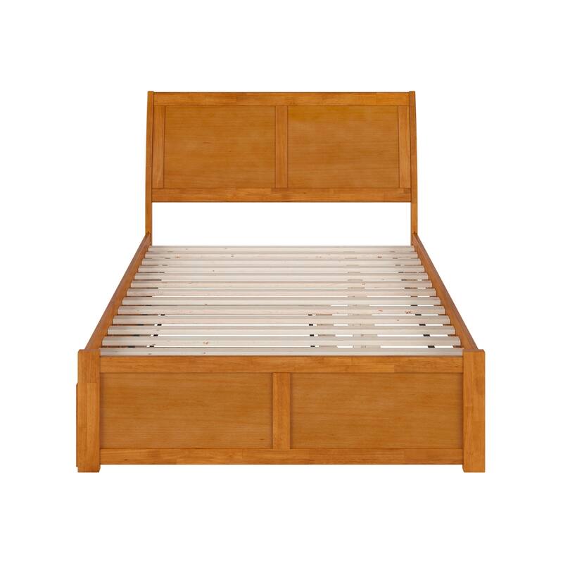 Solid Wood Platform Bed with Footboard & Trundle - Twin Size Bed Frame, Light Toffee Finish