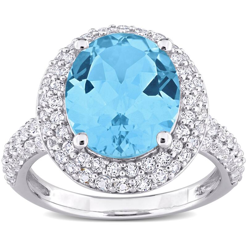 Miadora 7ct TGW Oval-Cut Sky Blue and White Topaz Double Halo Ring in Sterling Silver