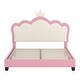 preview thumbnail 14 of 34, Cute Girl Princess Bed with Crown Headboard, PU Upholstered Platform Bed, Wood Panel Bed Low Profile Bed