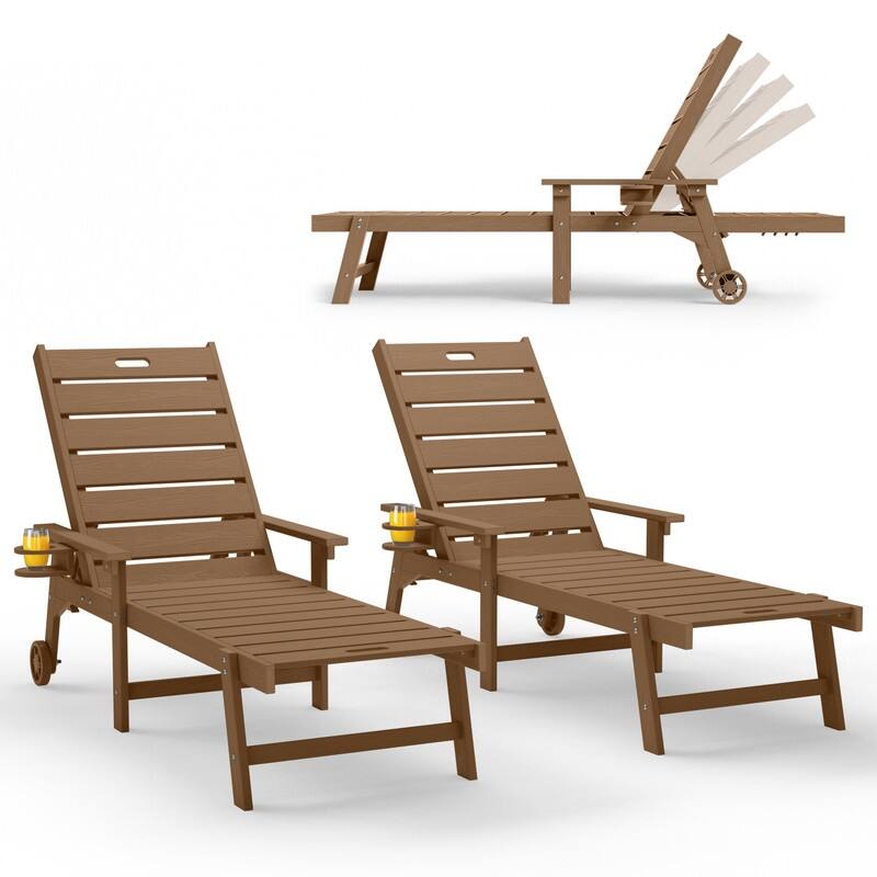 WINSOON All-Weather Outdoor Chaise Lounge Chair, 5-Level Adjustable Backrest with Cup Holder - Teakx2