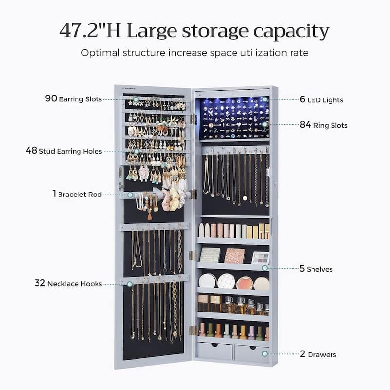 Grey Lockable Wall Door Mounted Jewelry Armoire with 6 LED Lights and Full-Length Mirror - 14.5"L x 3.9"W x 47.3"H