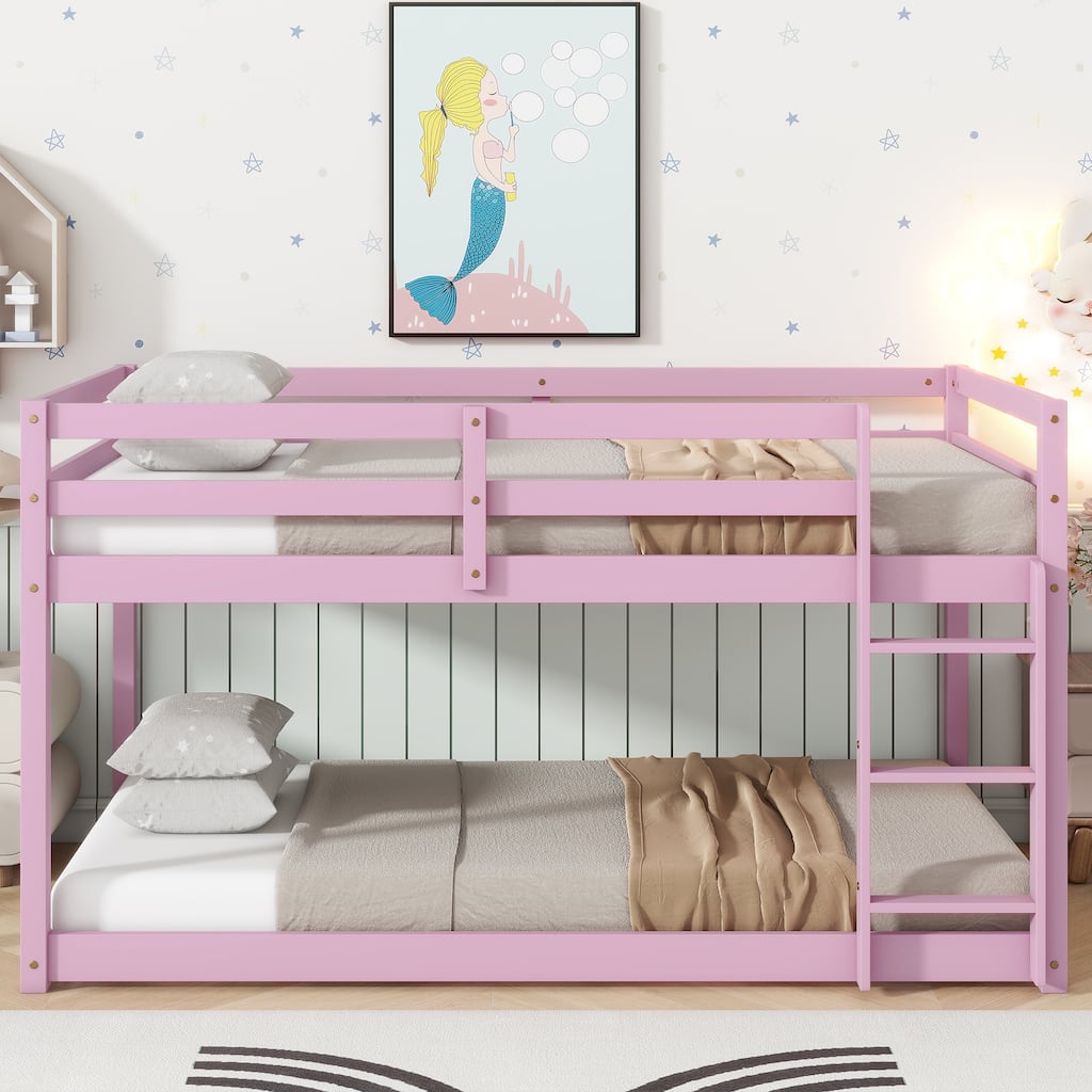 Pink Twin over Twin Solid Rubber Wood Bunk Bed with Ladder and Strengthened Slats