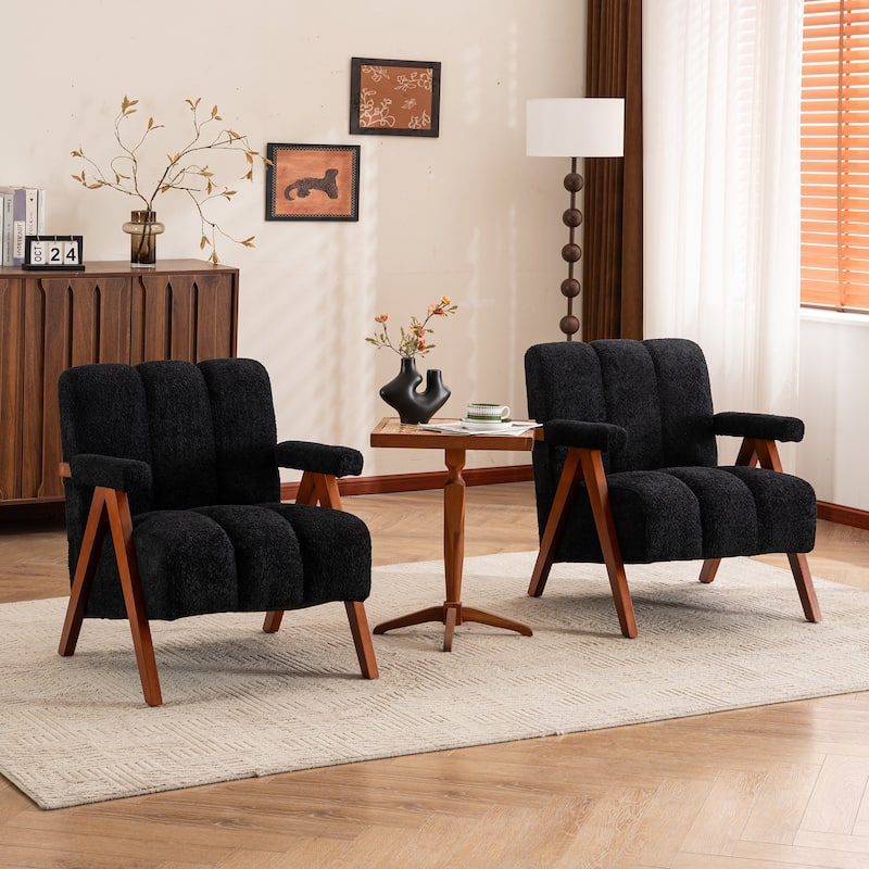 Mid Century Modern Accent Chair, Chenille Armchair with Solid Wood Legs, Channel Tufted Comfy Reading Chair for Living Room