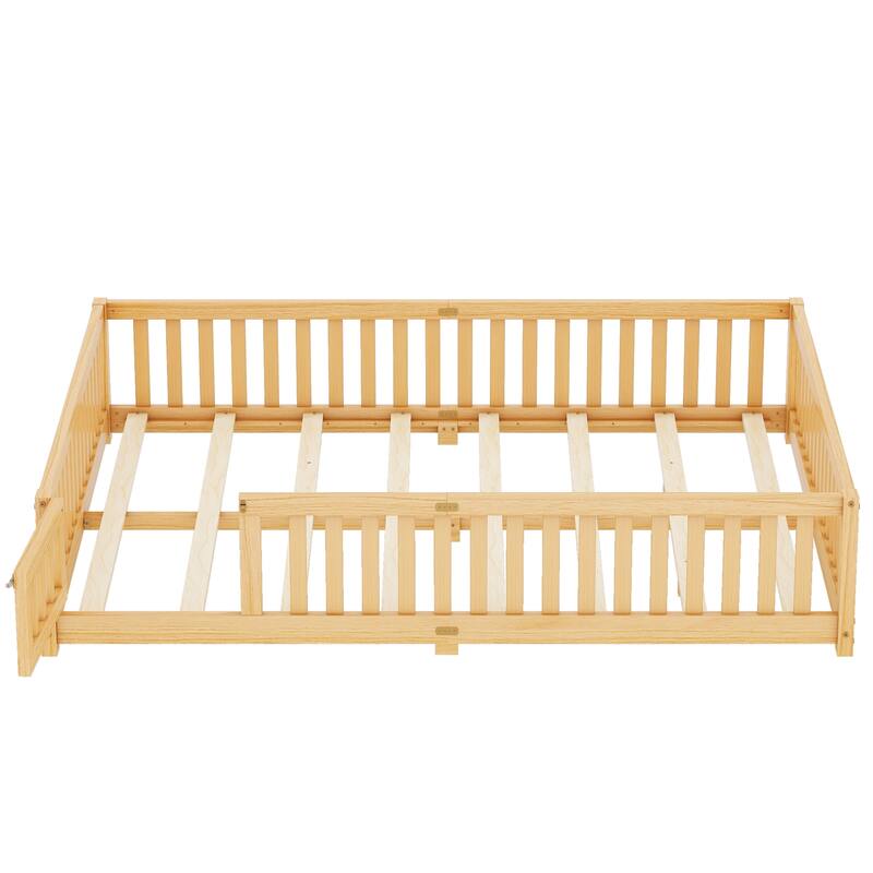 Queen Size Pine Wood Floor Bed with Safety Guardrails and Door for Kids, Boys, Girls, Bedroom