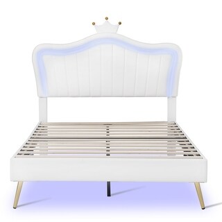 Full Upholstered Bed Frame w/ Crown Headboard & LED for Kids,White