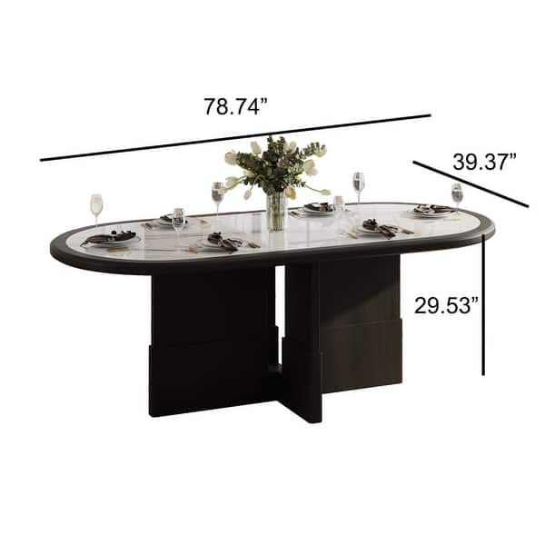 dimension image slide 1 of 2, Modern 78.74" Oval Black Dining Table, Solid Wood Veneer, With White Sintered Stone Table top for 8