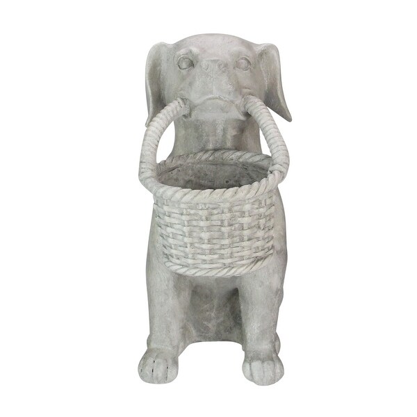 14" Gray Dog with Basket Outdoor Garden Planter Statue - N/A