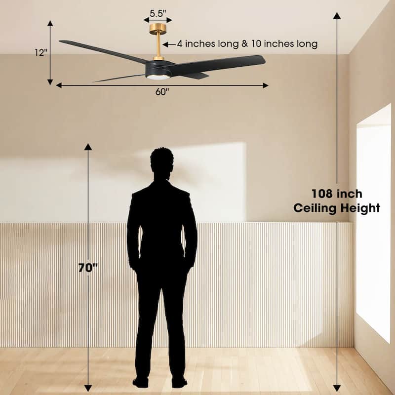 60-in Modern Black ABS 4-blade Brass Ceiling Fan with Light and Remote