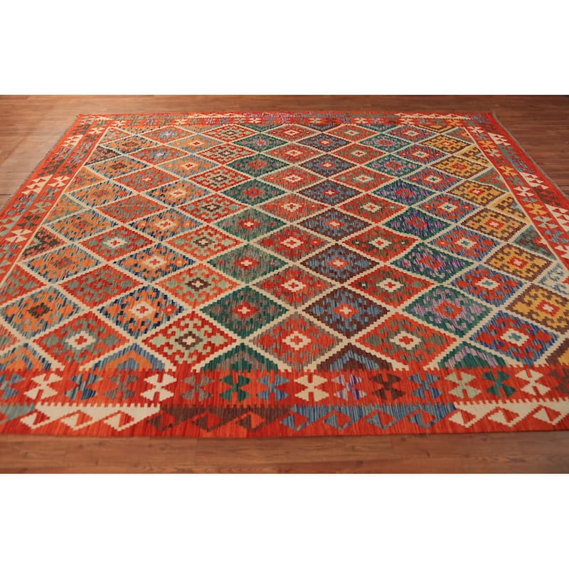 South Western Style Kilim Oriental Rug Flatweave Orange Wool Carpet - 8'3"x 9'11"