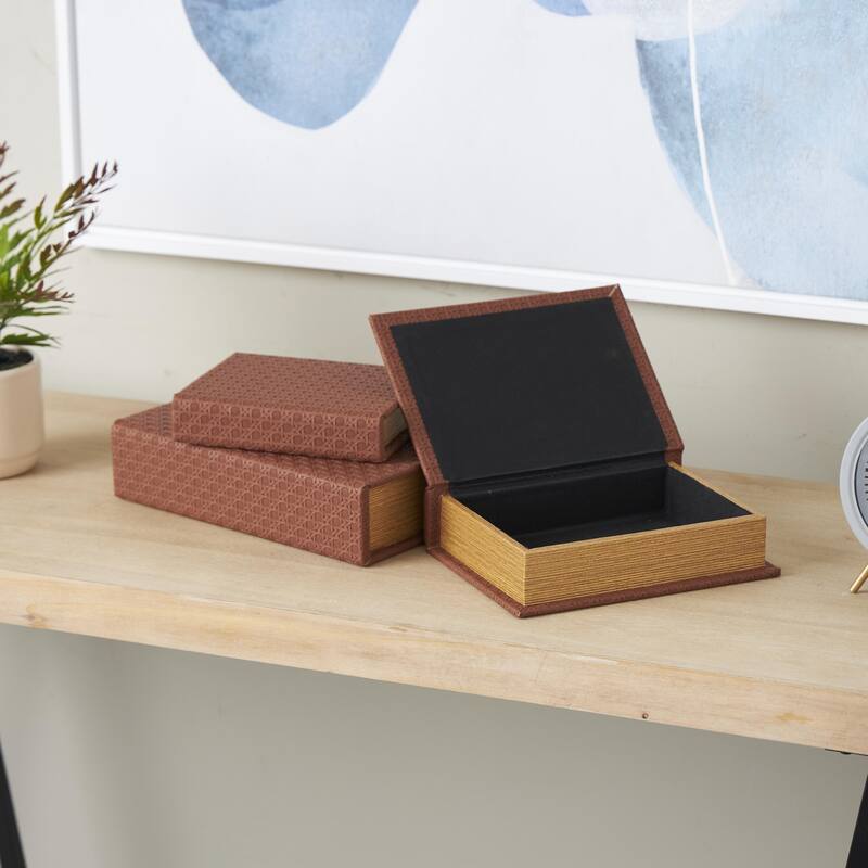 Faux Leather Book Shaped Decorative Box - Set of 3 Brown, Cream, Black, Copper - Roche River Decor