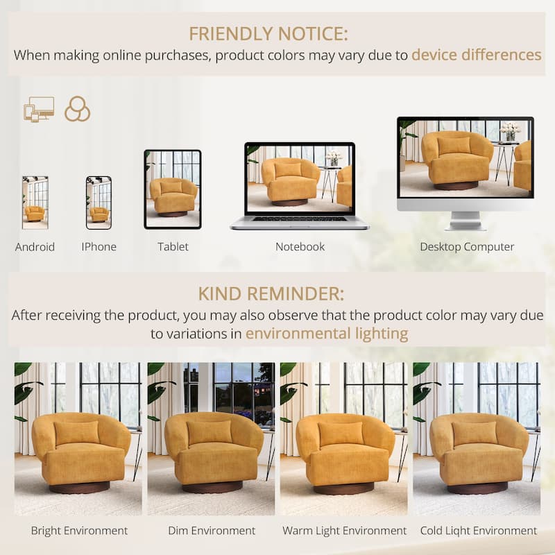 Chenille Upholstered Swivel Barrel Accent Chair with Solid Wood Base for Living Room