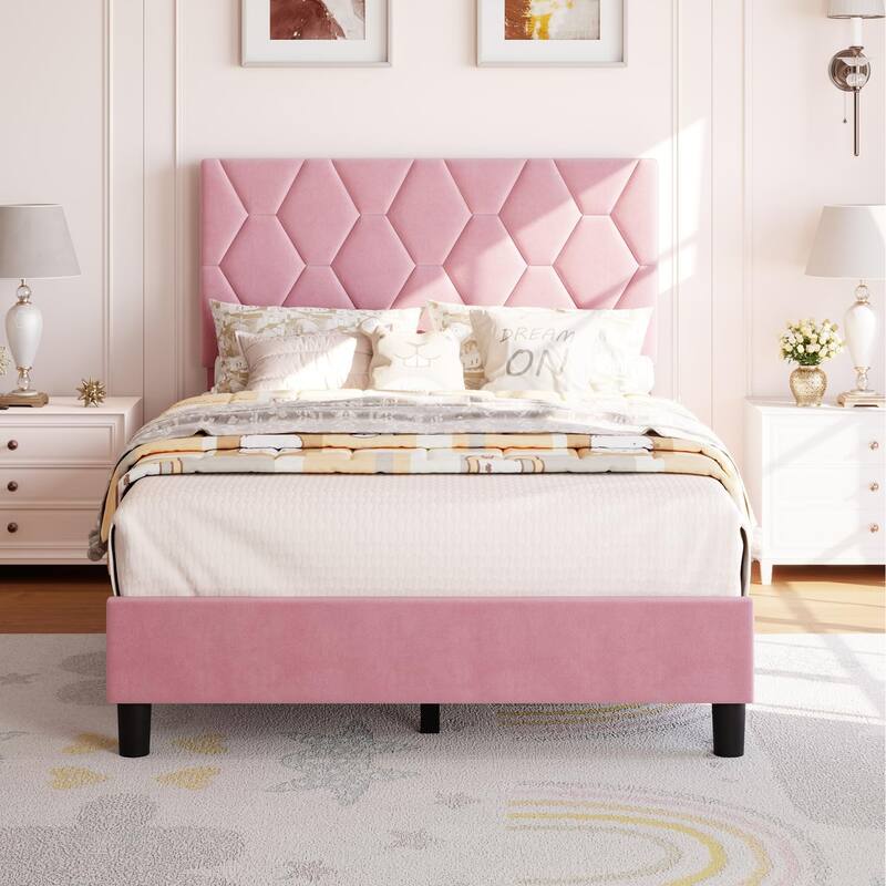 Pink Full Bed Frame with Upholstered Headboard, Heavy-Duty Platform Bed Frame with Strong Wood Slats, No Box Spring