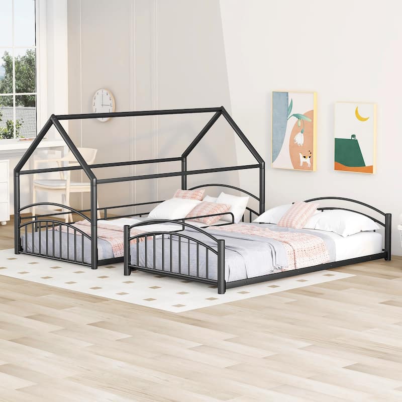 Kids House Bed, Twin Over Twin Metal Bunk Bed Convertible 2 Twin Beds