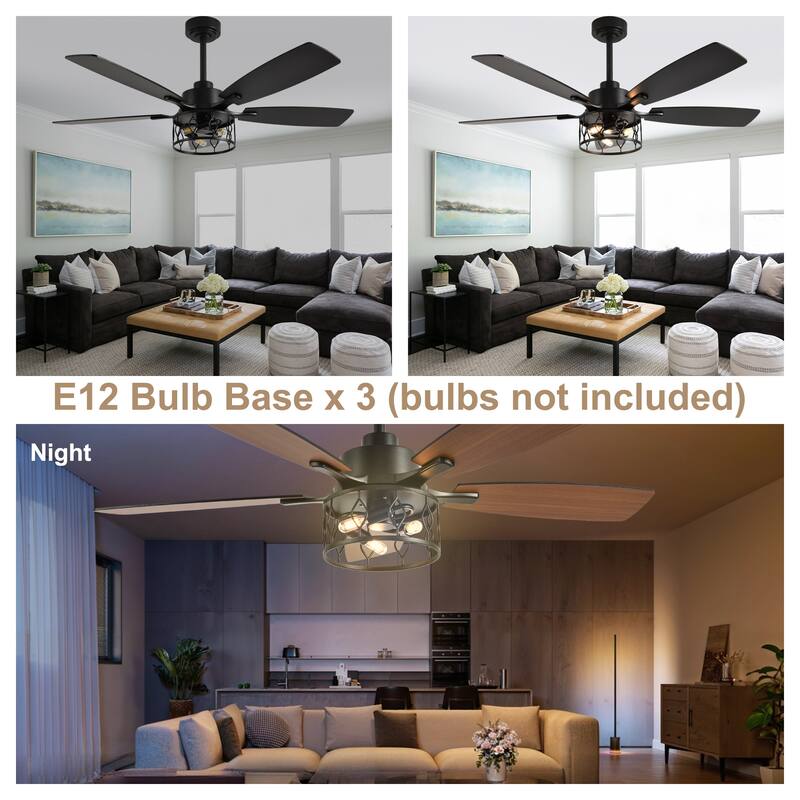 Bella Depot 52" Modern Gold Ceiling Fan with Light and Remote 6-Speed Large Caged Ceiling Fan