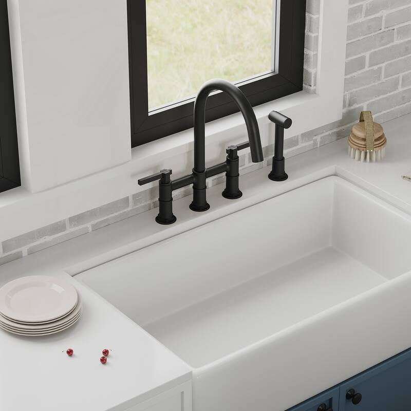 Modern Double Handle 4-Holes Deck Mount Bridge Kitchen Faucet in Black