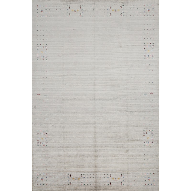 Hand Knotted Oriental Viscose Silk Carpet Tribal Animal Pictorial Greys & Charcoal Gabbeh Area Rug - 11' 10'' X 8' 11''