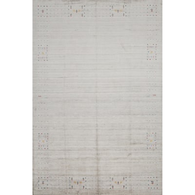 Hand Knotted Oriental Viscose Silk Carpet Tribal Animal Pictorial Greys & Charcoal Gabbeh Area Rug - 11' 10'' X 8' 11''