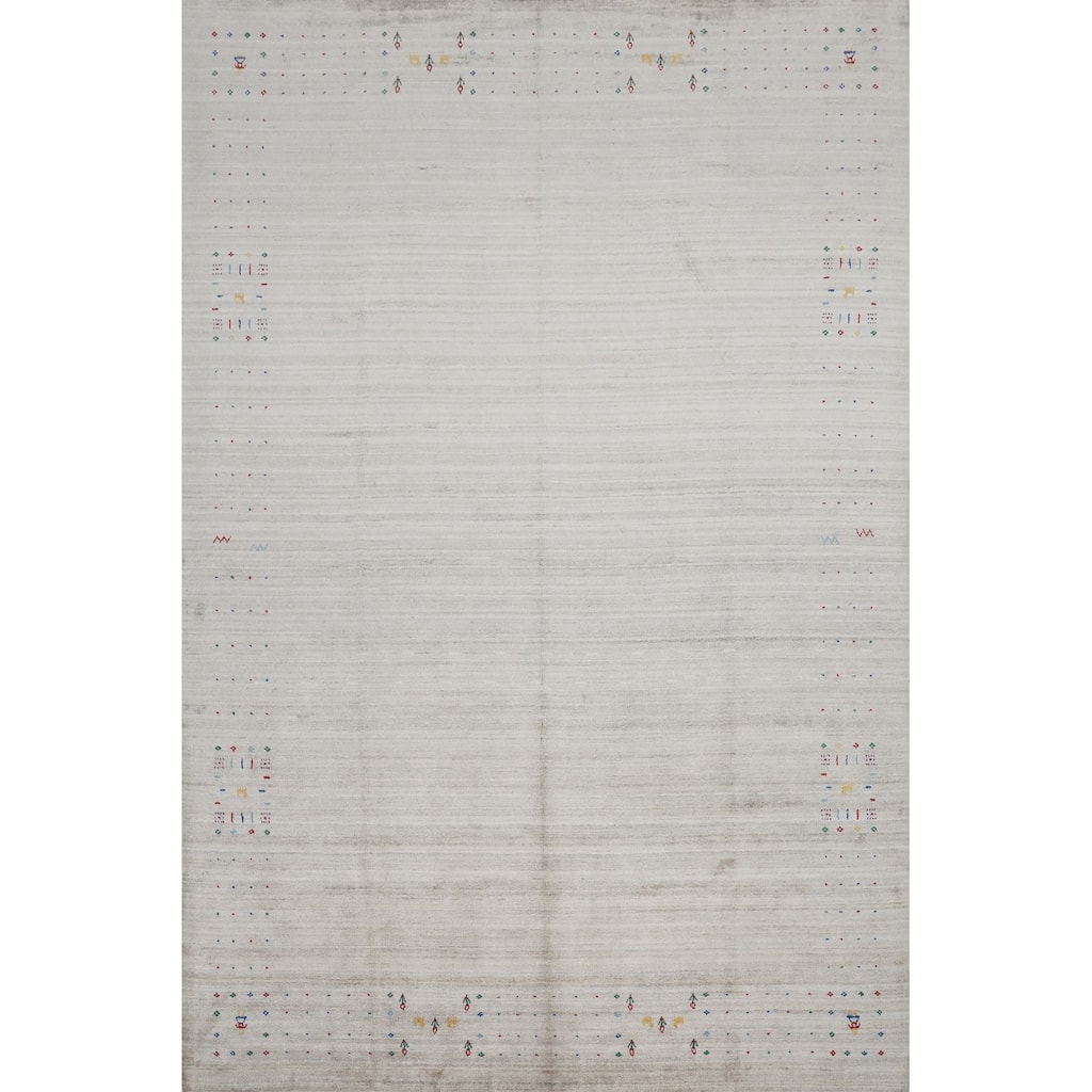 Hand Knotted Oriental Viscose Silk Carpet Tribal Animal Pictorial Greys & Charcoal Gabbeh Area Rug - 11' 10'' X 8' 11''