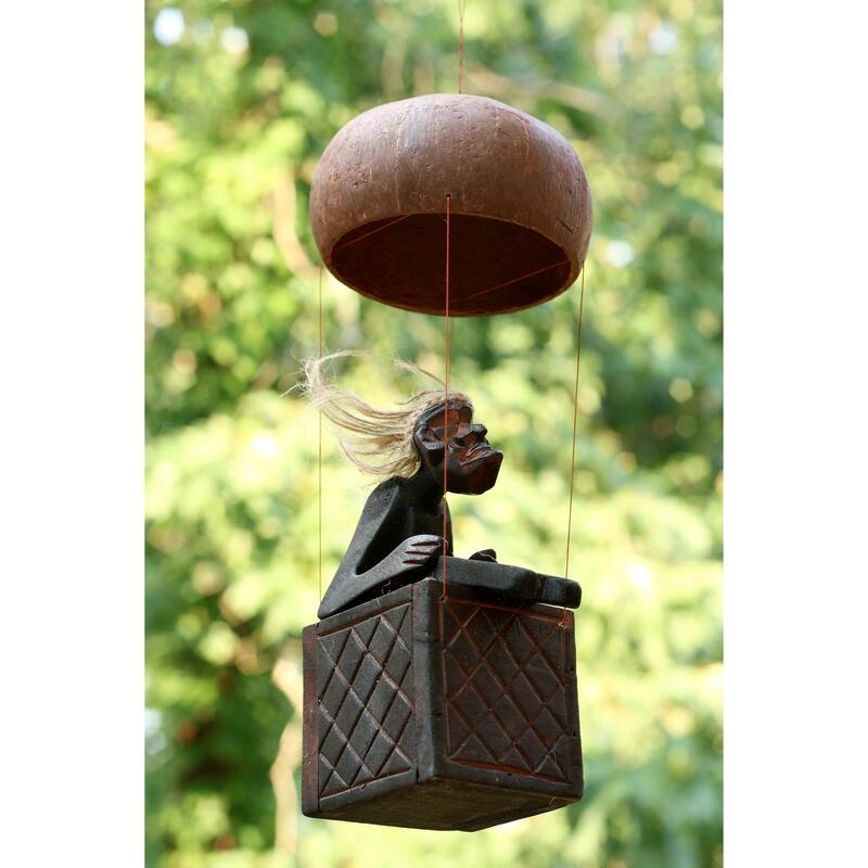 Handmade Wooden Primitive Tribal Funny Statue Riding Hot Air Balloon Sculpture Tiki Bar Handcrafted Unique Gift Decor Accent