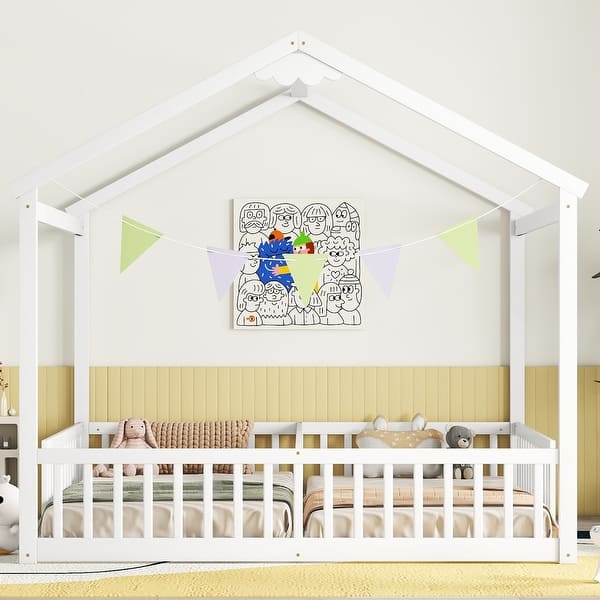 slide 2 of 7, Double Twin Size Pine Wood House Floor Bed w/Fence & Guardrails, White White - Twin
