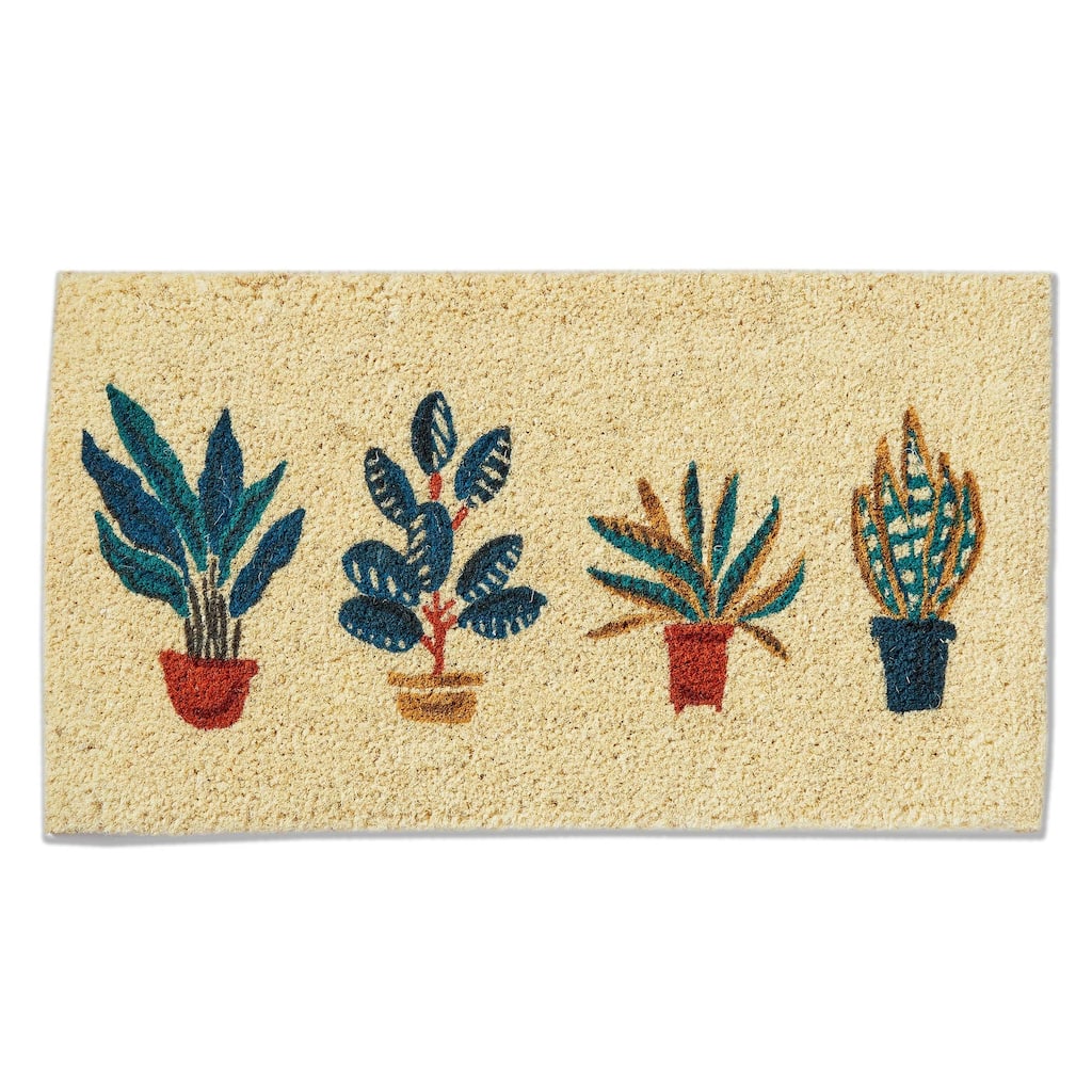 Natural Coir Door Mat Potted Plants Design 30x17 Everyday Green Multi Shake or Brush Clean
